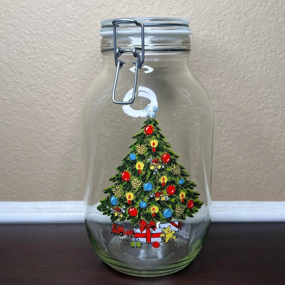 Vintage 1980s Carlton Glass Christmas Tree Cookie Jar – 3L Wire Bail Canister